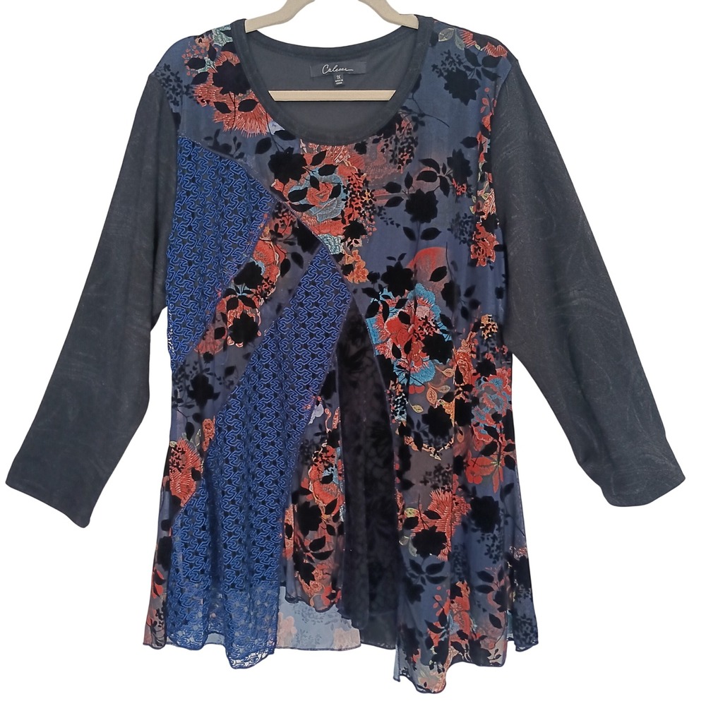 Caleesa Tunic Top Women 1X Black Blue Floral Burnout Velvet Lace Mesh Patchwork